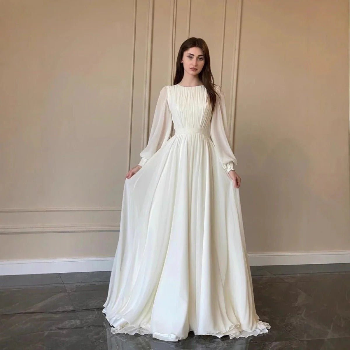 2026 Abaya Fashion Trends - White Chiffon Princess Dress Abaya MA180 - Mariam's Collection