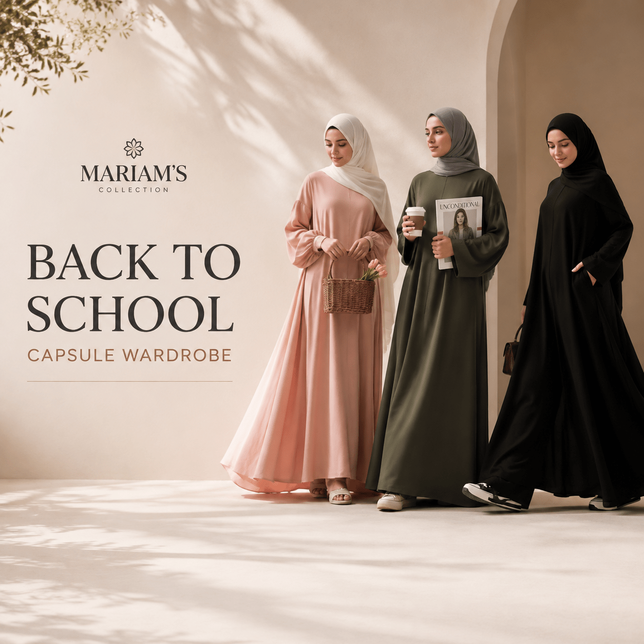 Three Muslim women wearing elegant modest abayas and hijabs in a Back to School capsule wardrobe collection by Mariam’s Collection