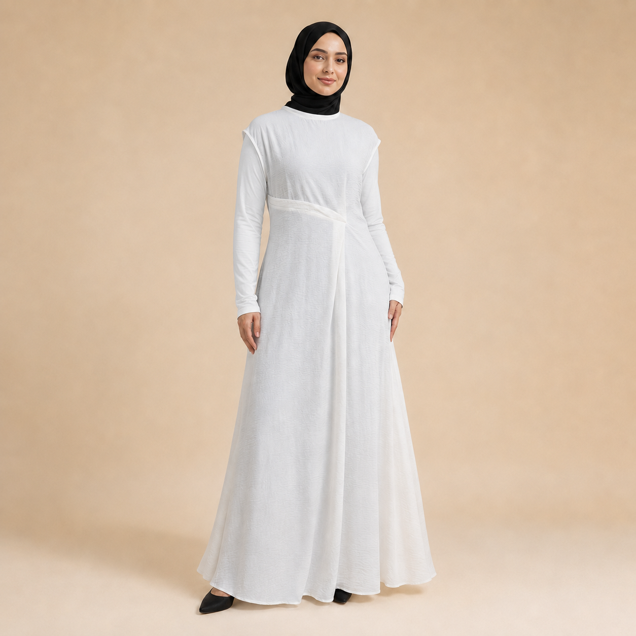Textured Crepe Cap Shoulder Maxi Dress with Waist Pleat & Back Zip (MS436)(MS436)