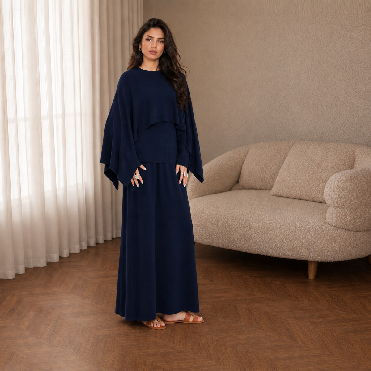 Modest Cape Knit Top & Maxi Skirt Set(MS537)