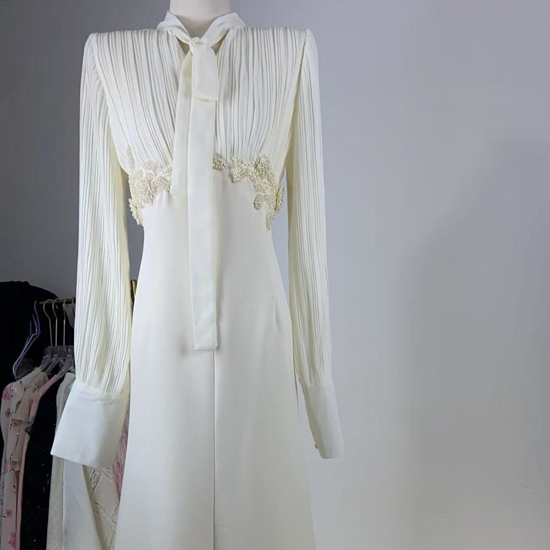 French-Style Pleated Bodice Dress with Bow-Neck(MS309)