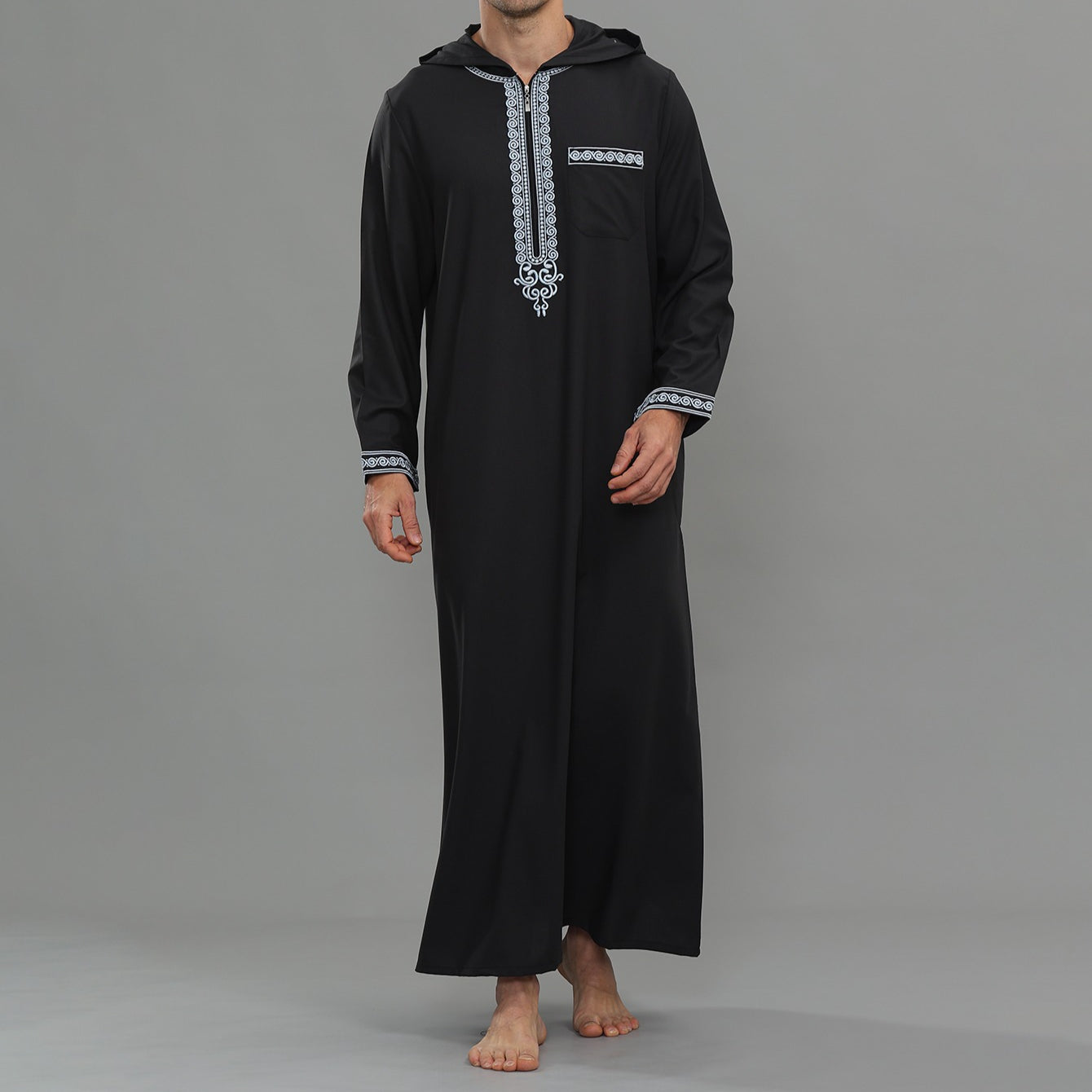 Men's Hooded Embroidered Thobe with Pockets(MT037)
