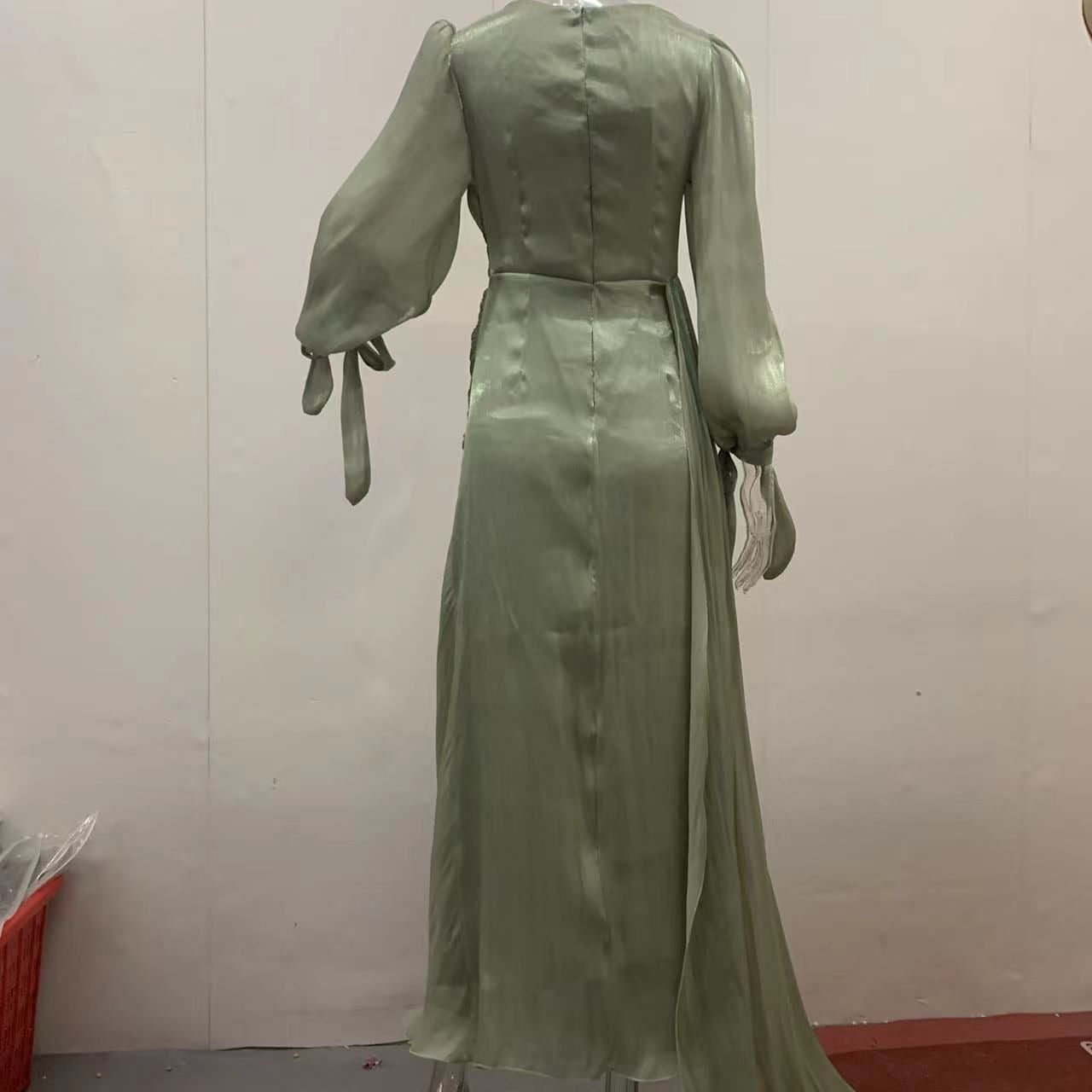 Ruched Evening Dress | Puff Sleeve Bodycon Maxi Dress(MS280)