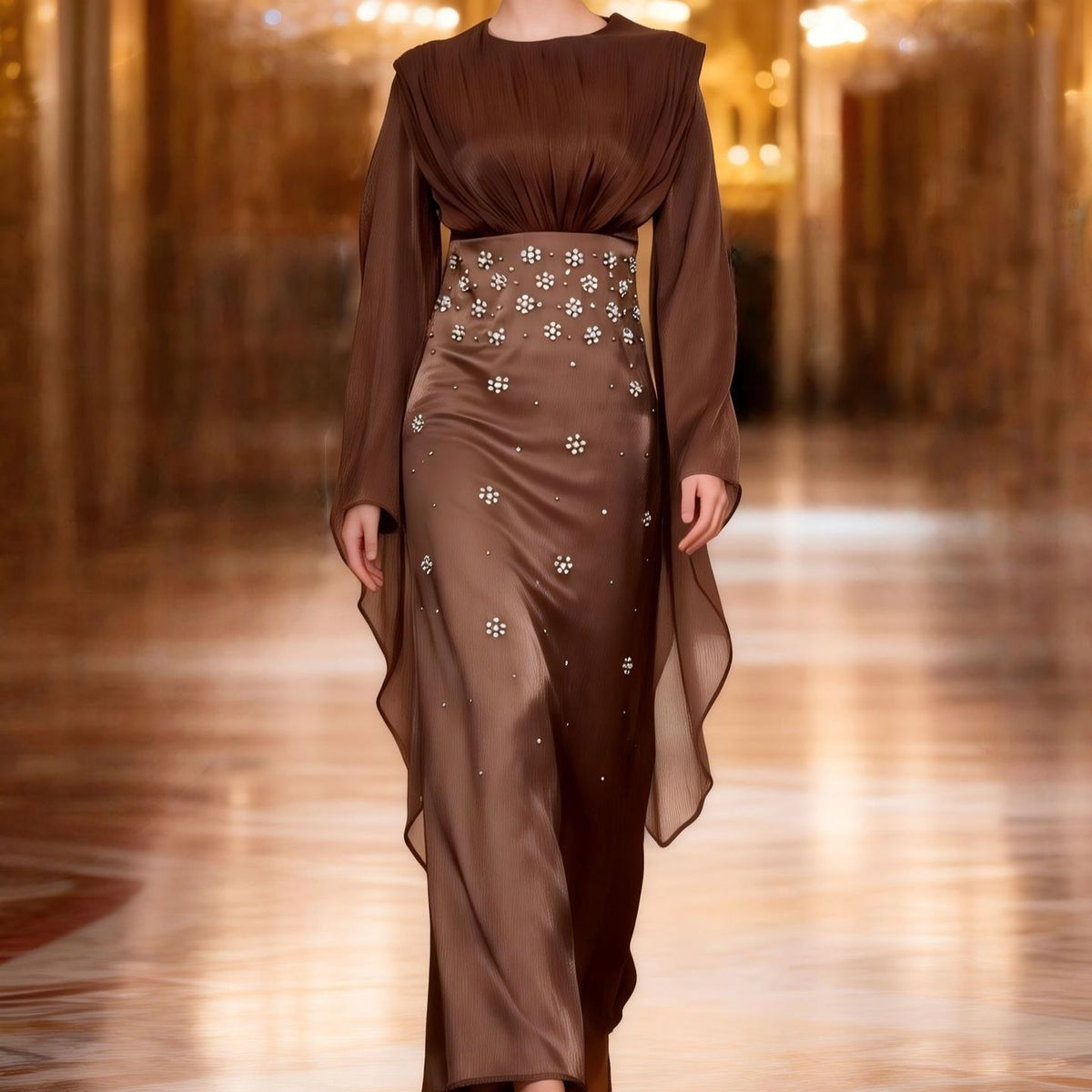 Crystal Embellished Shimmer Satin Maxi Dress(MS541)