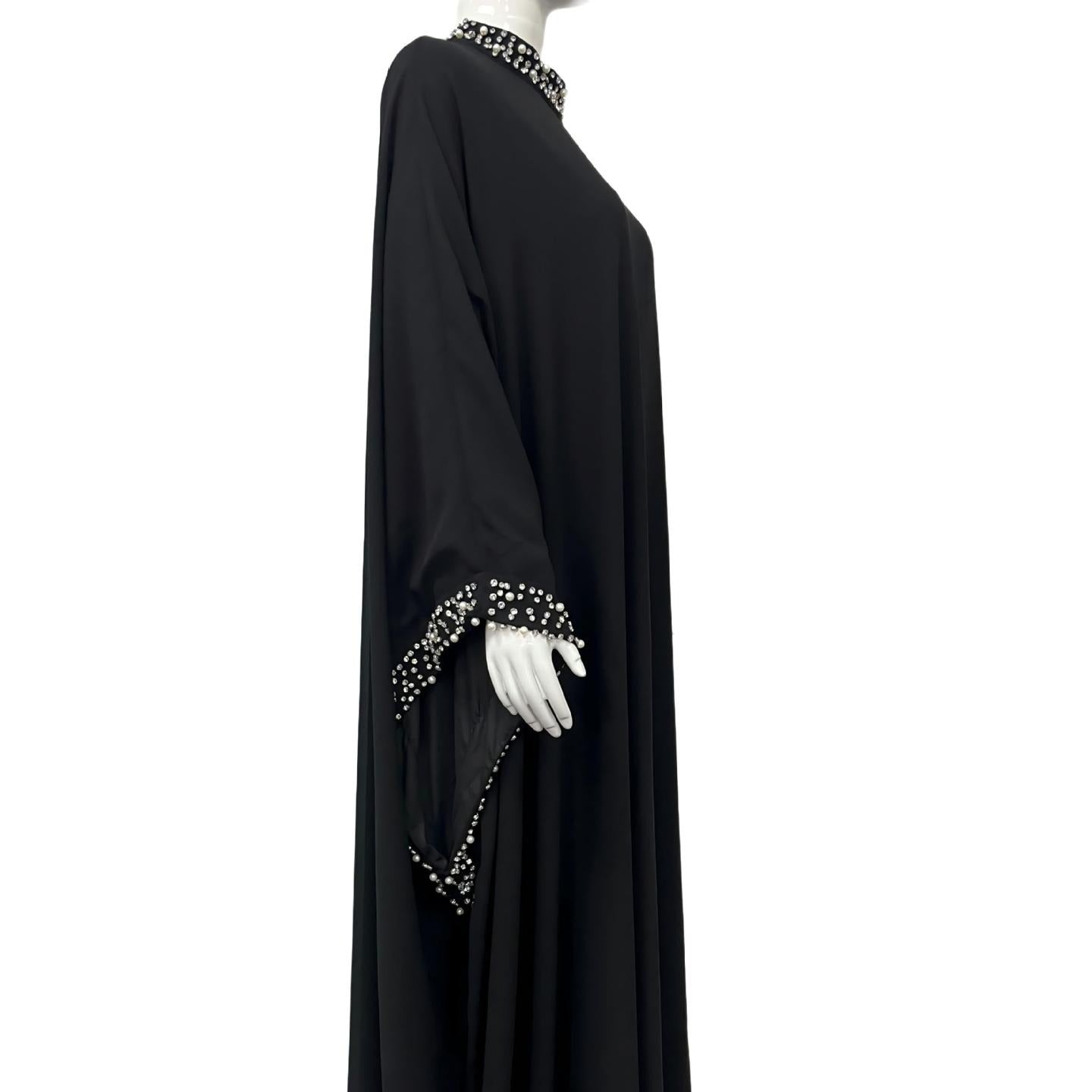 Pearl & Crystal Embellished Stand Collar Batwing Sleeve Maxi Abaya Dress(MA468)
