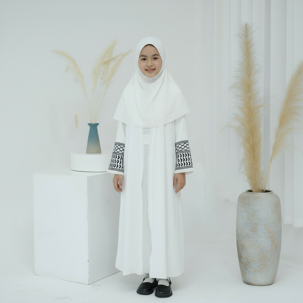Embroidered Children's Abaya Set Pakistan Geometric Print Robe Abaya with Matching Belt Kid Abaya(MKG015)