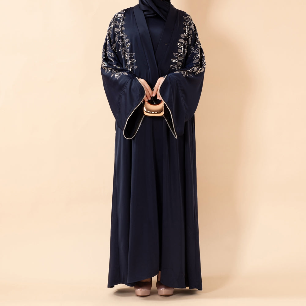 Leaf Embellishment Satin 3-Piece Abaya Set for Eid(MOA244)