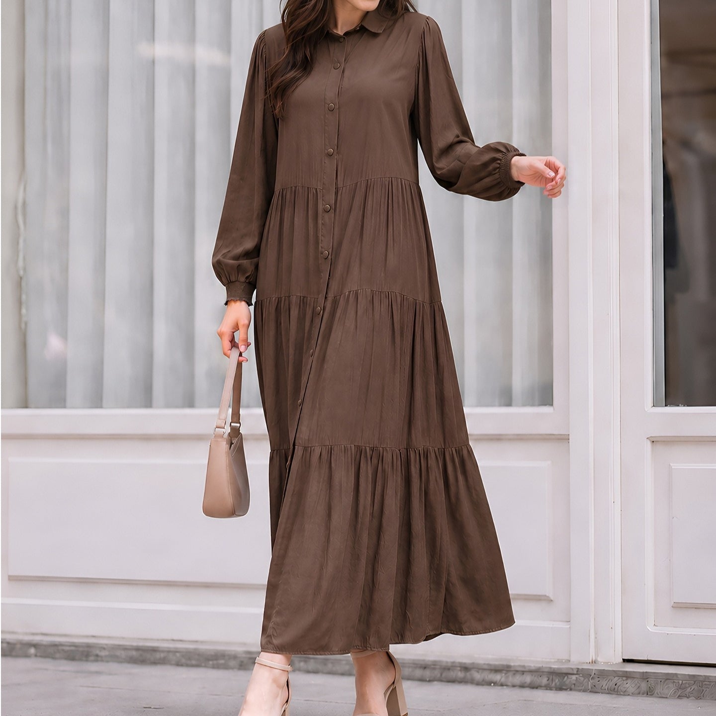 Shirt Collar Button-Down Tiered Maxi Dress(MA465)