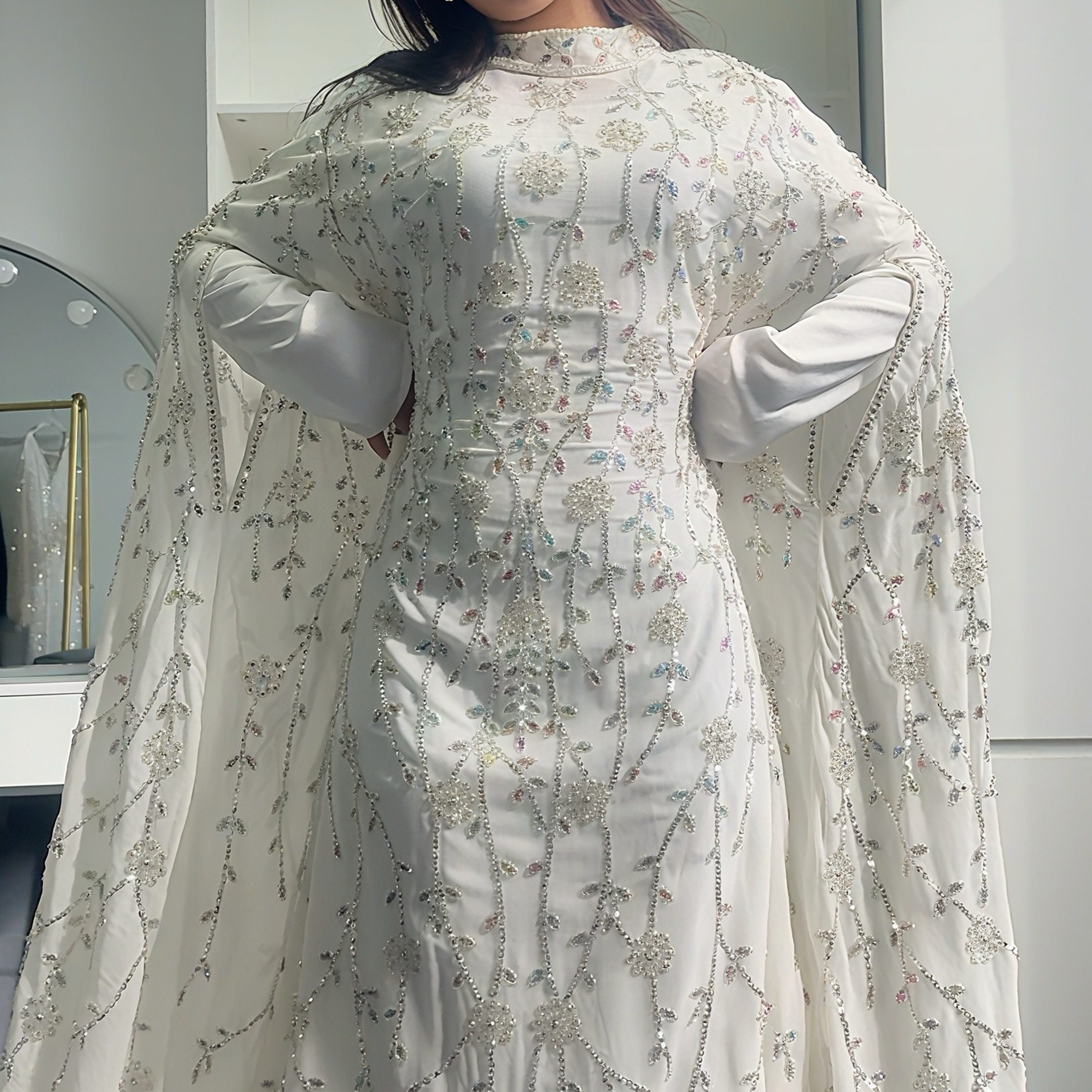 Luxury Crystal Embellished Cape Abaya Set with Modal Long-Sleeve Inner Dress(MA390)