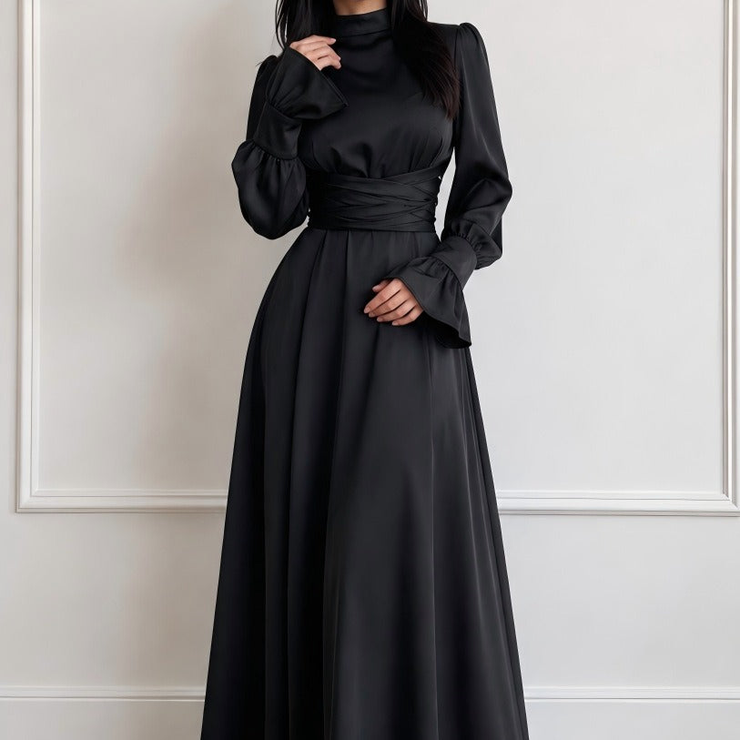 Satin Cross-Wrap Waist Maxi Dress(MS506)