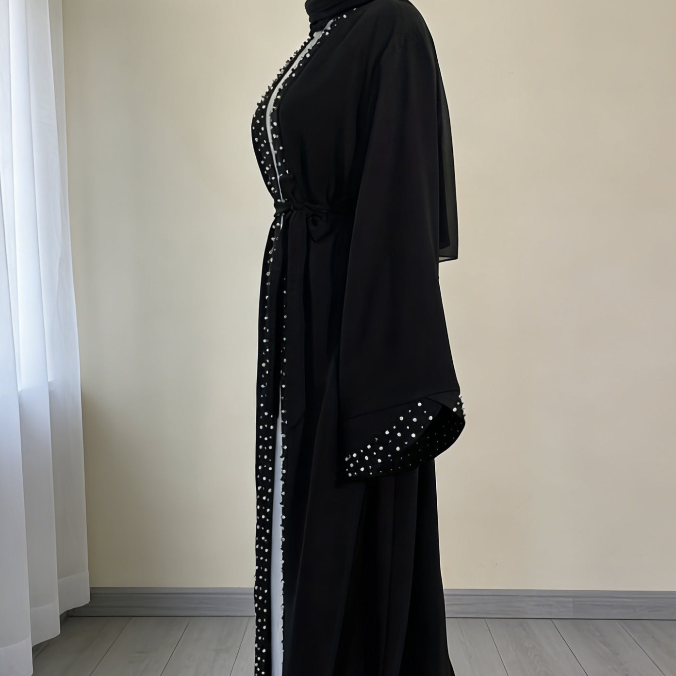 Metal Stud Trim Open-Front Abaya(MOA274)