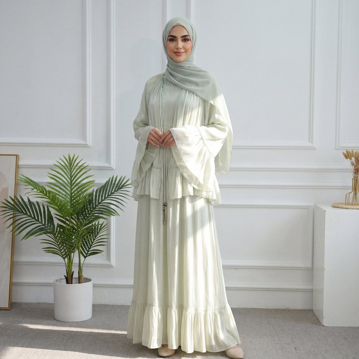 Back view of 2-piece ruffle abaya set showing concealed zip and ruffle hem