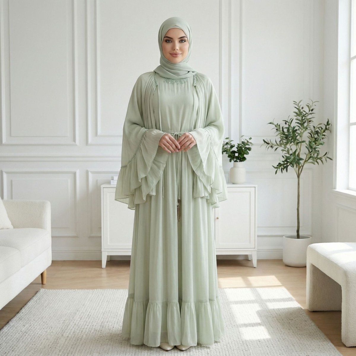 Detail of cascading double-layered ruffle bell sleeves in flowing fabric