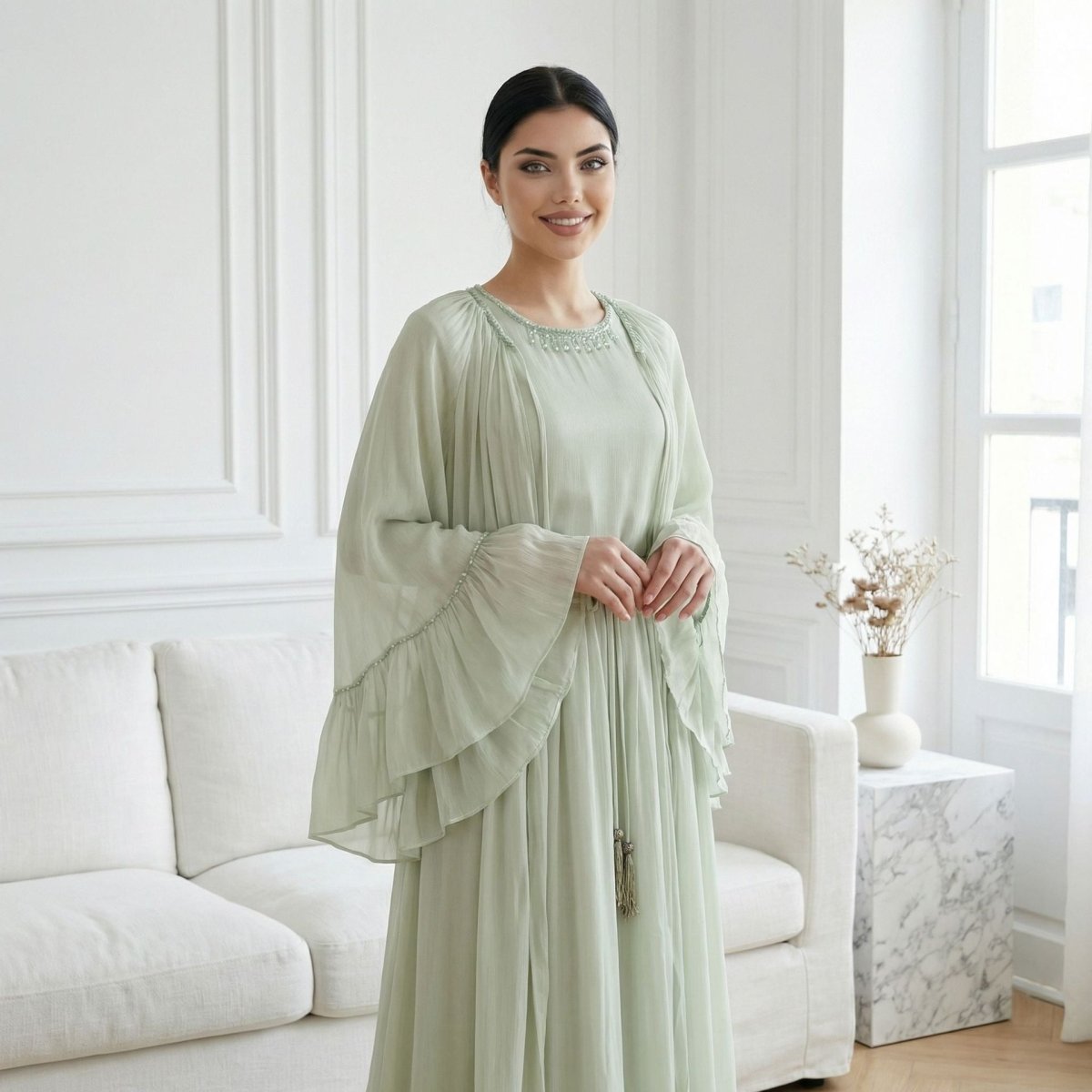 2 - Piece Crystal Beaded Ruffle Sleeve Abaya Set(MS405) - Mariam's Collection