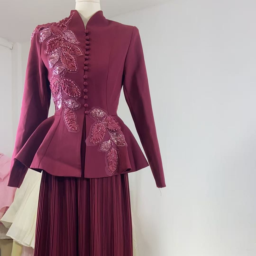 2 - Piece Embroidered Peplum Jacket & Micro Pleat Maxi Skirt Set(MS417) - Mariam's Collection