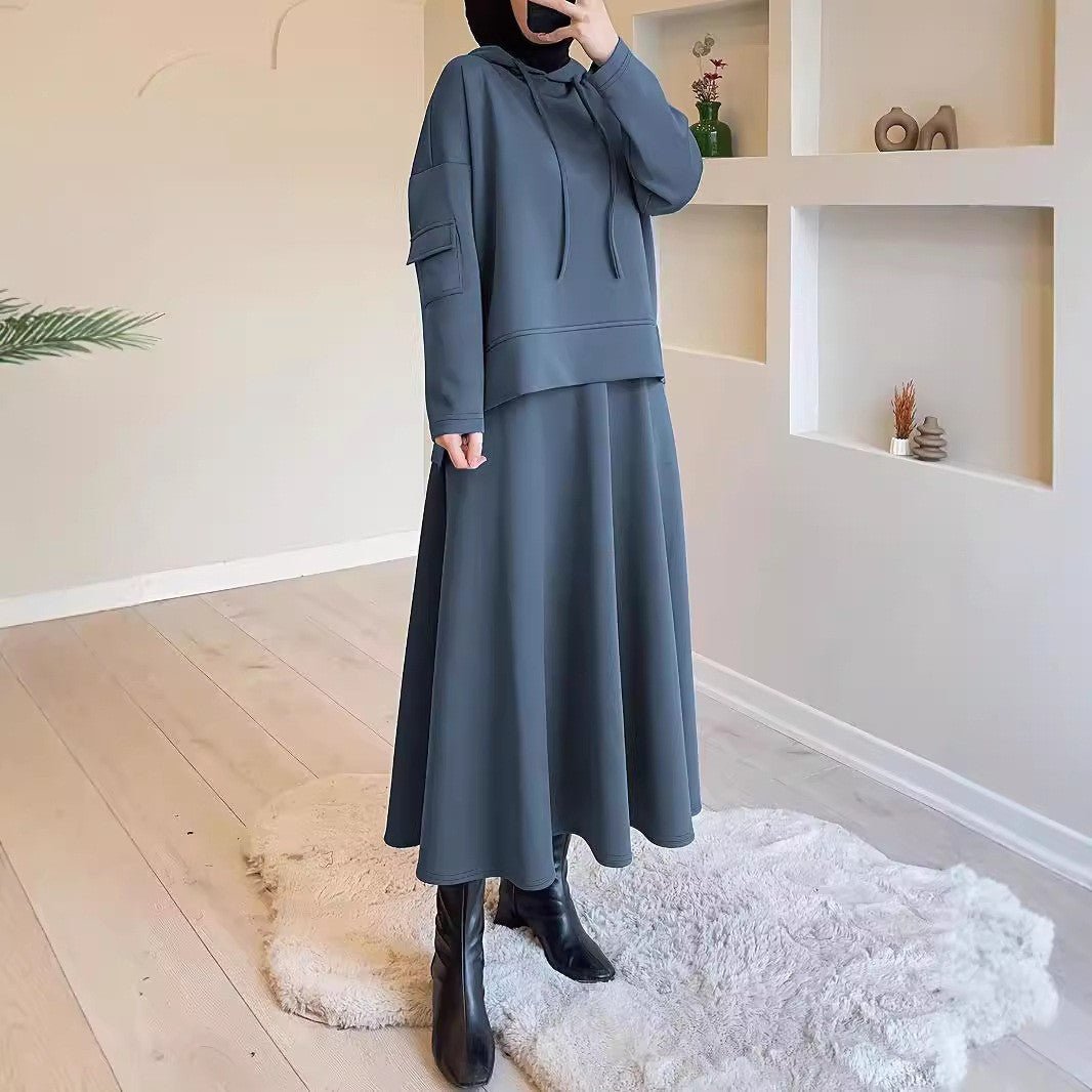 2-Piece Hoodie Top & Full A-Line Maxi Skirt Set(MS427) - Mariam's Collection