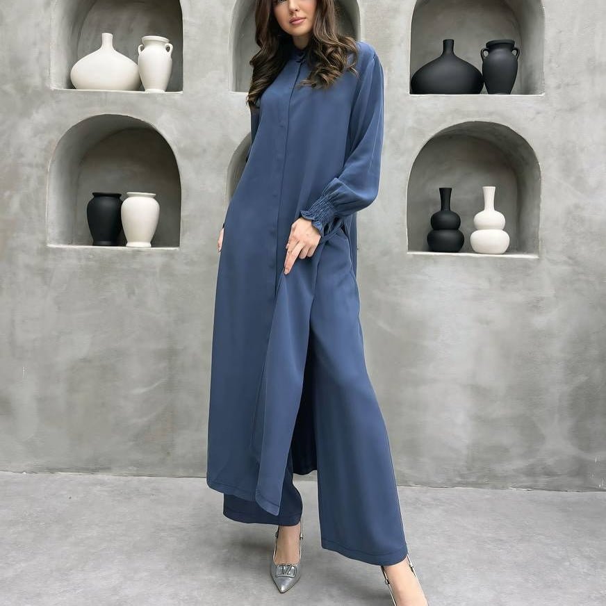 Back view of oversized longline shirt with concealed placket and Mandarin collar