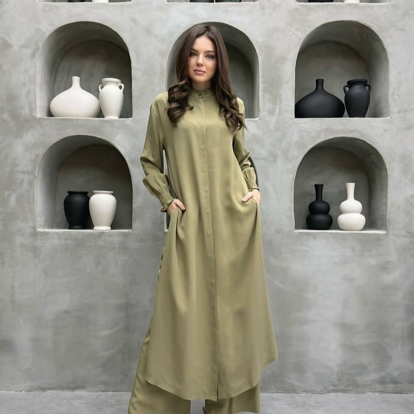 Mandarin Collar Shirt & Wide Leg Pants Set – Casual Abaya Co-ord