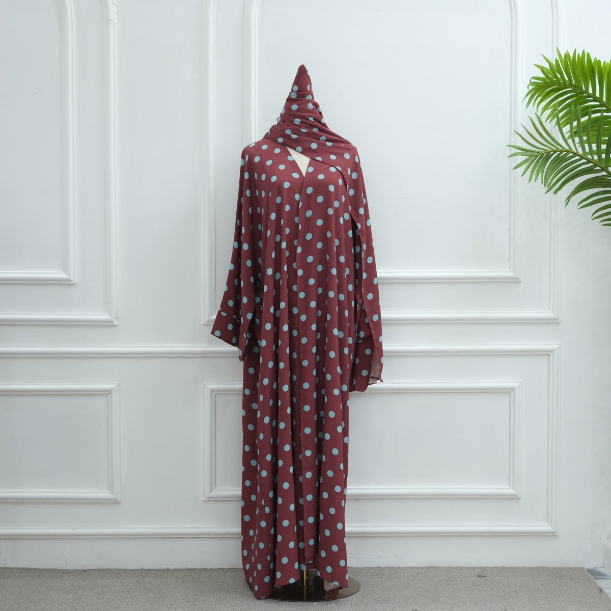 2 - Piece Polka Dot Print Open Abaya Set(MOA316) - Mariam's Collection