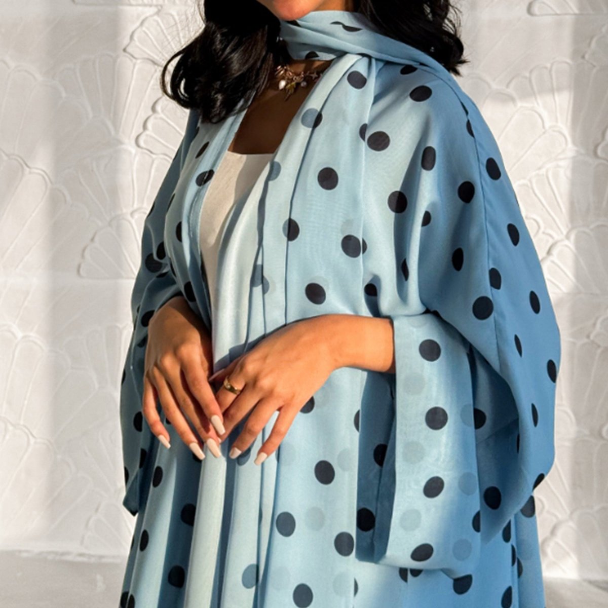 2 - Piece Polka Dot Print Open Abaya Set(MOA316) - Mariam's Collection