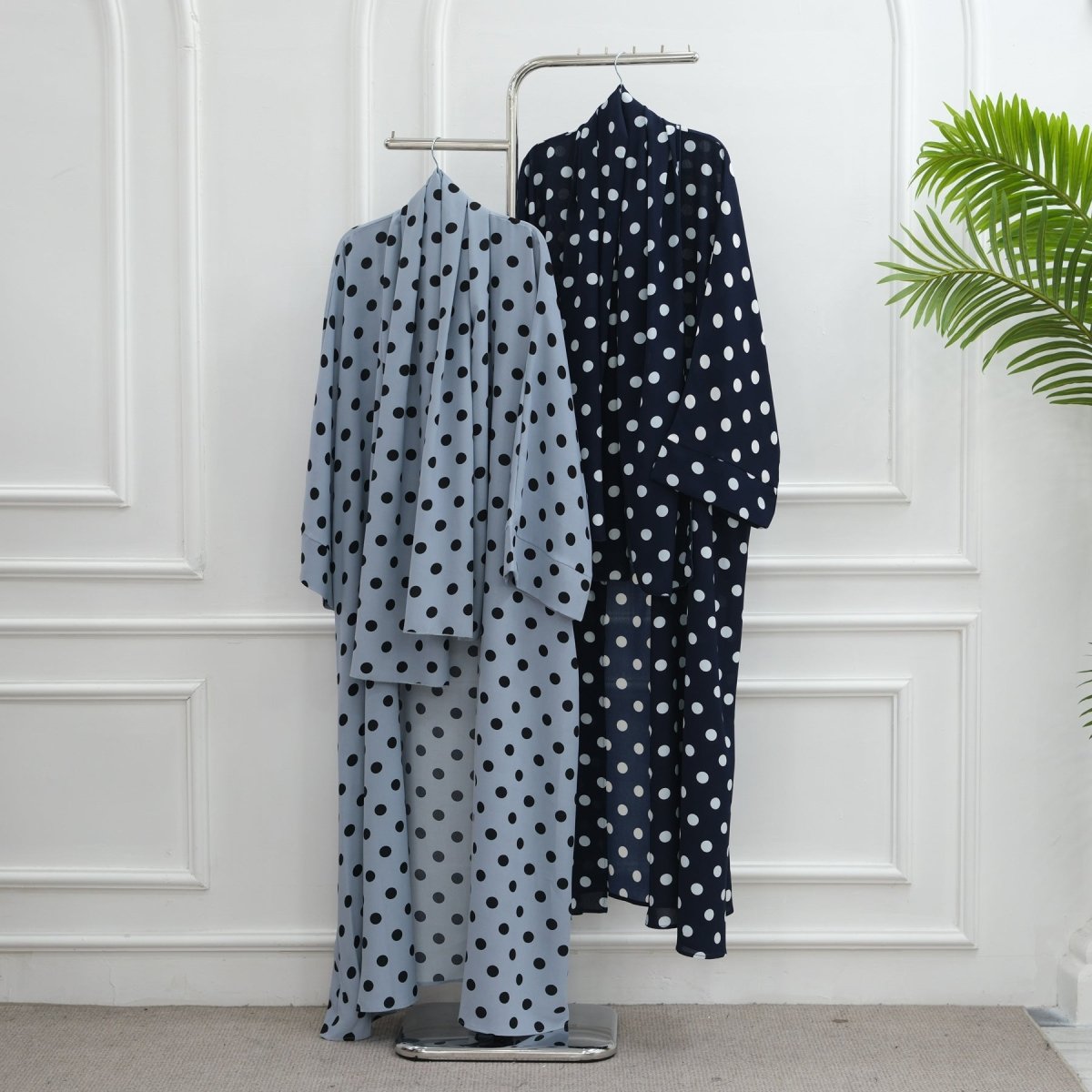 2 - Piece Polka Dot Print Open Abaya Set(MOA316) - Mariam's Collection