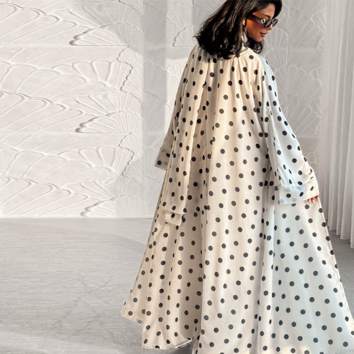 2 - Piece Polka Dot Print Open Abaya Set(MOA316) - Mariam's Collection