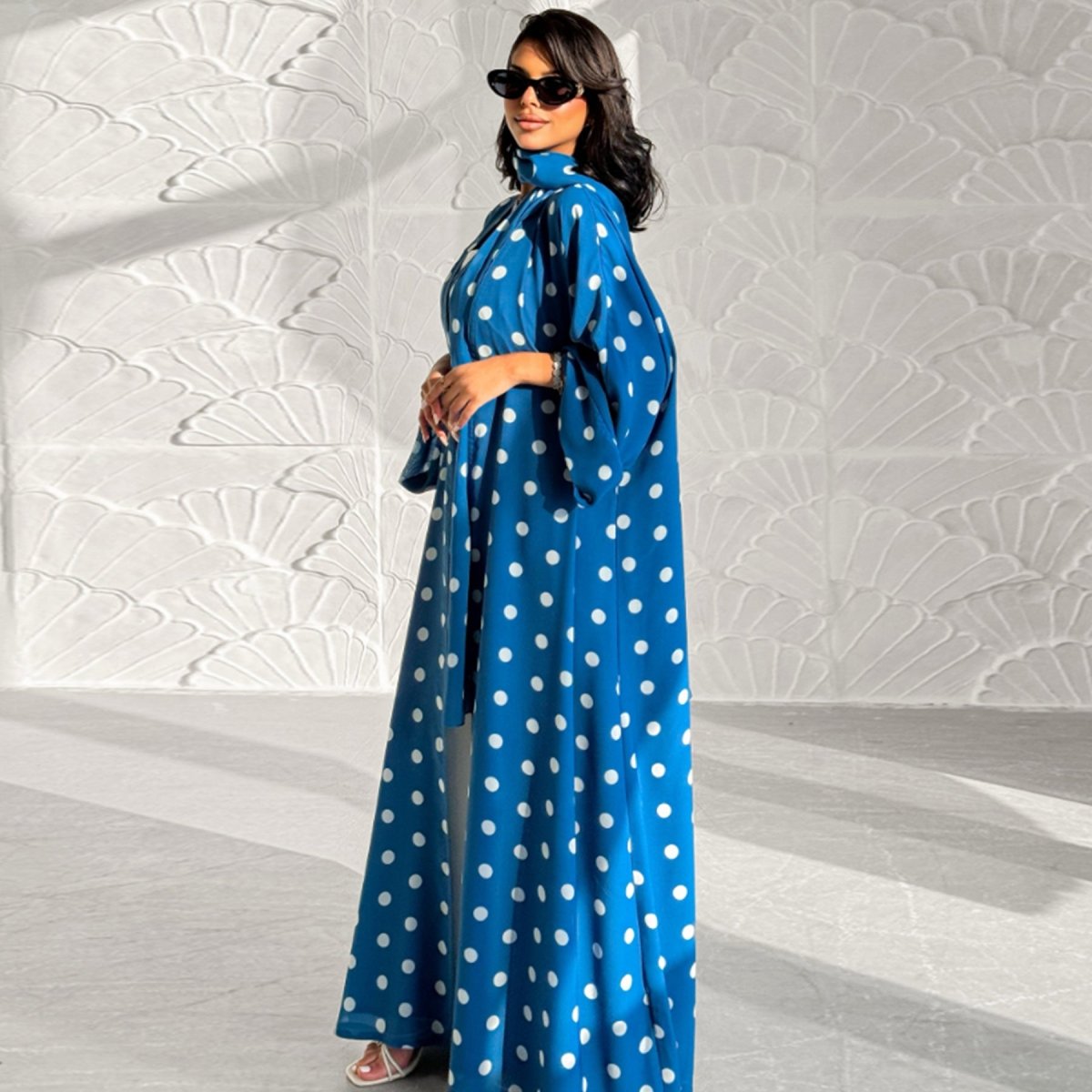 2 - Piece Polka Dot Print Open Abaya Set(MOA316) - Mariam's Collection