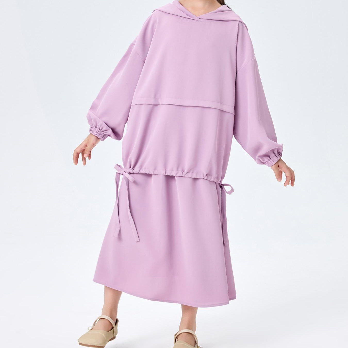 Girls Hooded Drawstring Top & Midi Skirt Two-Piece Set(MKG030)
