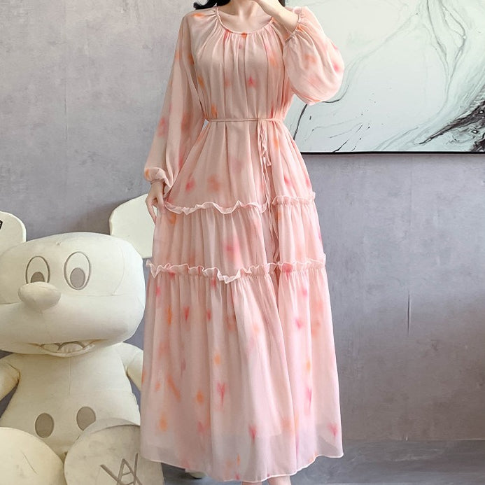 Watercolor Print Chiffon Maxi Dress | Long Sleeve Tiered Dress(MS270)