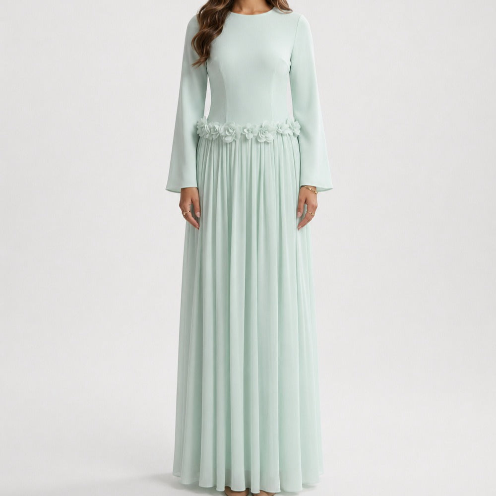 3D Rose Waist Fitted Maxi Dress(MS515)