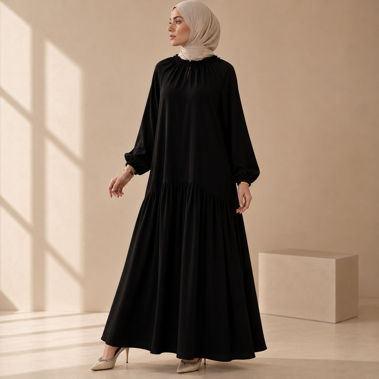 Ruffle Trim Pleated Relaxed Maxi Dress with Waist Tie(MA424) - Mariam's Collection