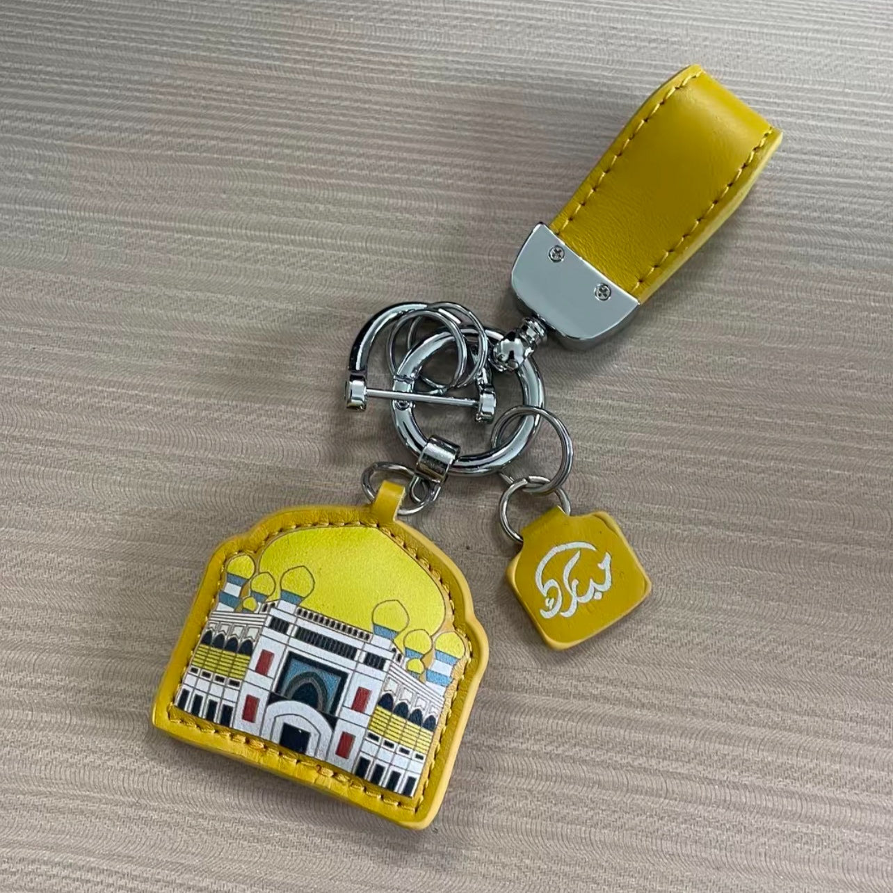 Islamic Leather Keychain with Arabic Calligraphy & Mosque Pendant Sheepskin Keychain (MAC284)