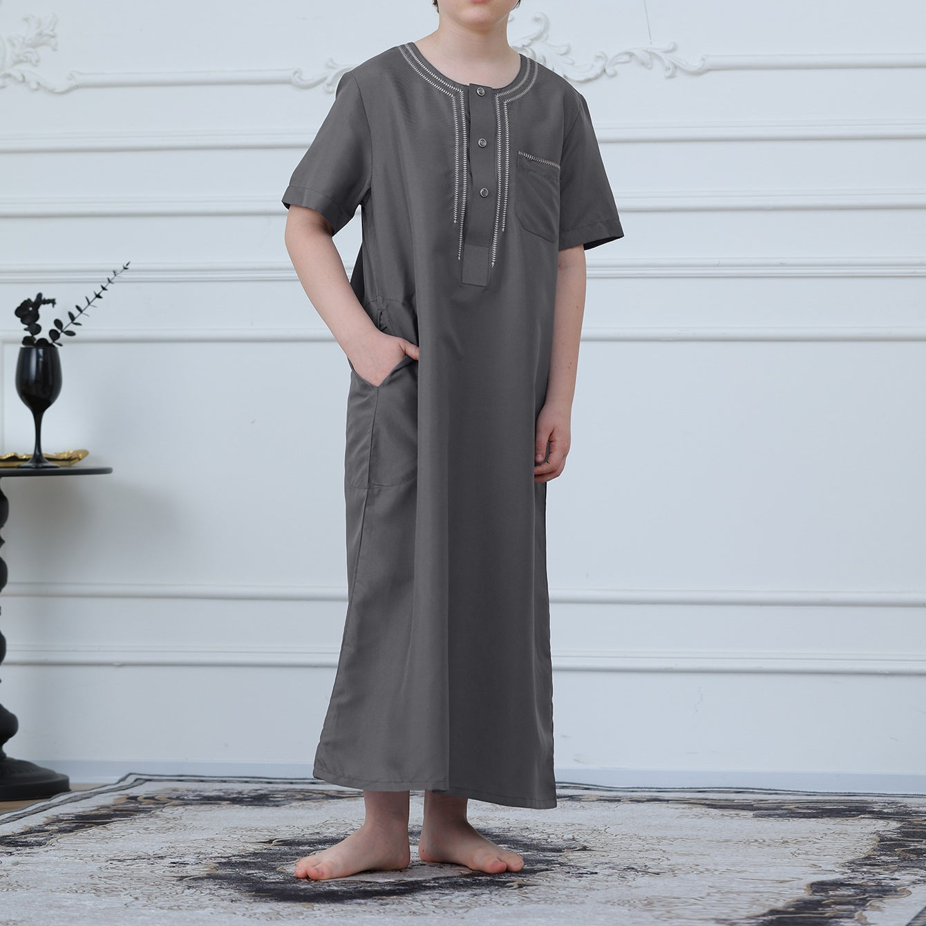 Boys Short Sleeve Embroidered Thobe with Pockets(MKB015)
