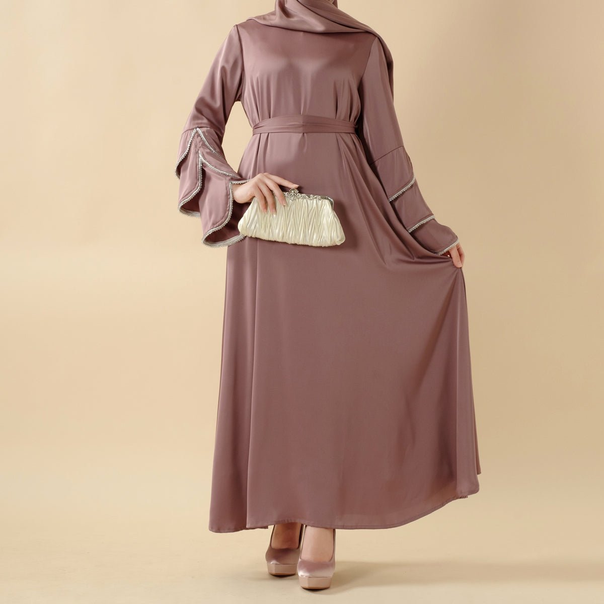 3 - Layer Diamond Ruffle Sleeve Abaya With Pockets (MA040) - Mariam's Collection