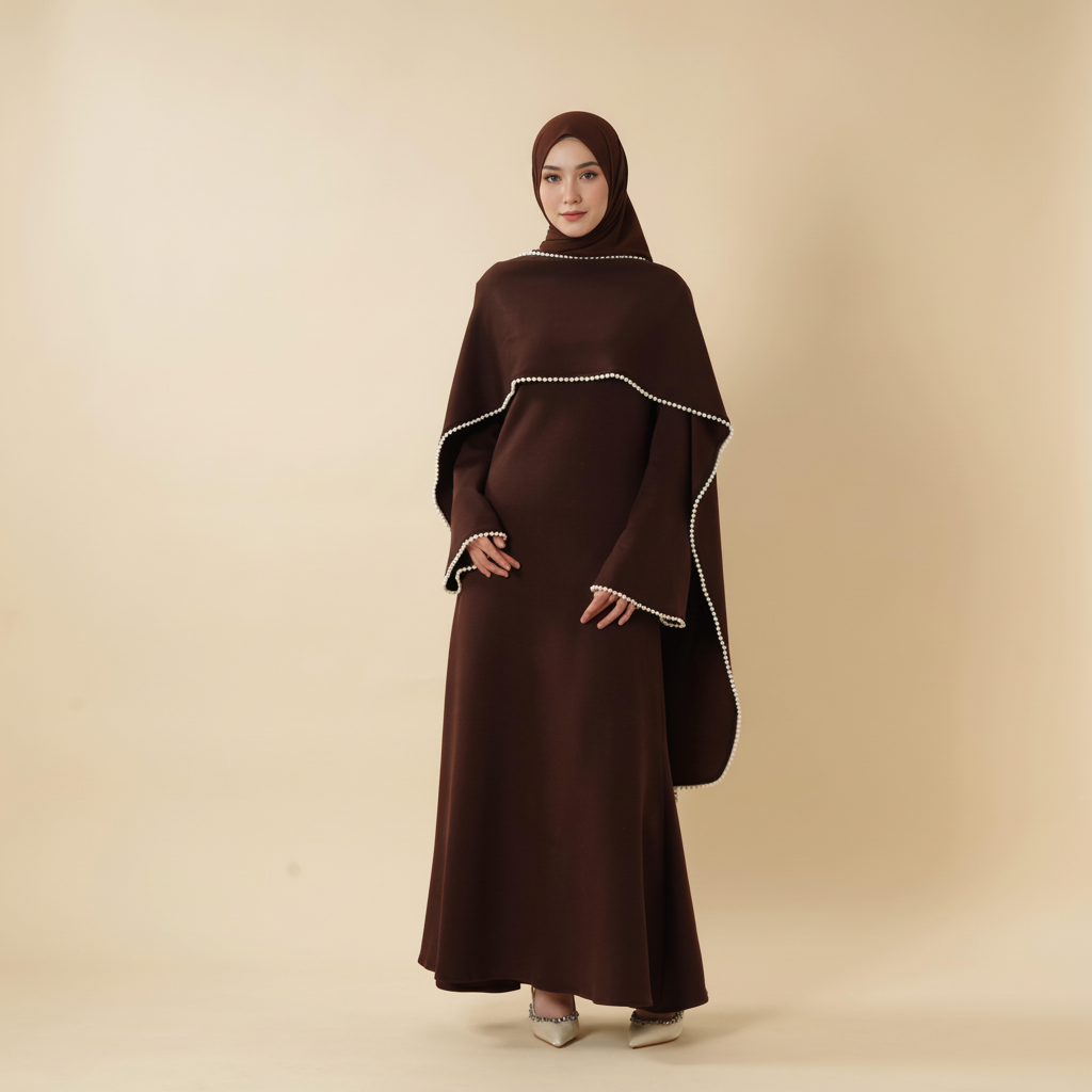 Elegant Pearl Embellished Cape Sleeve Evening Dress(MA337)