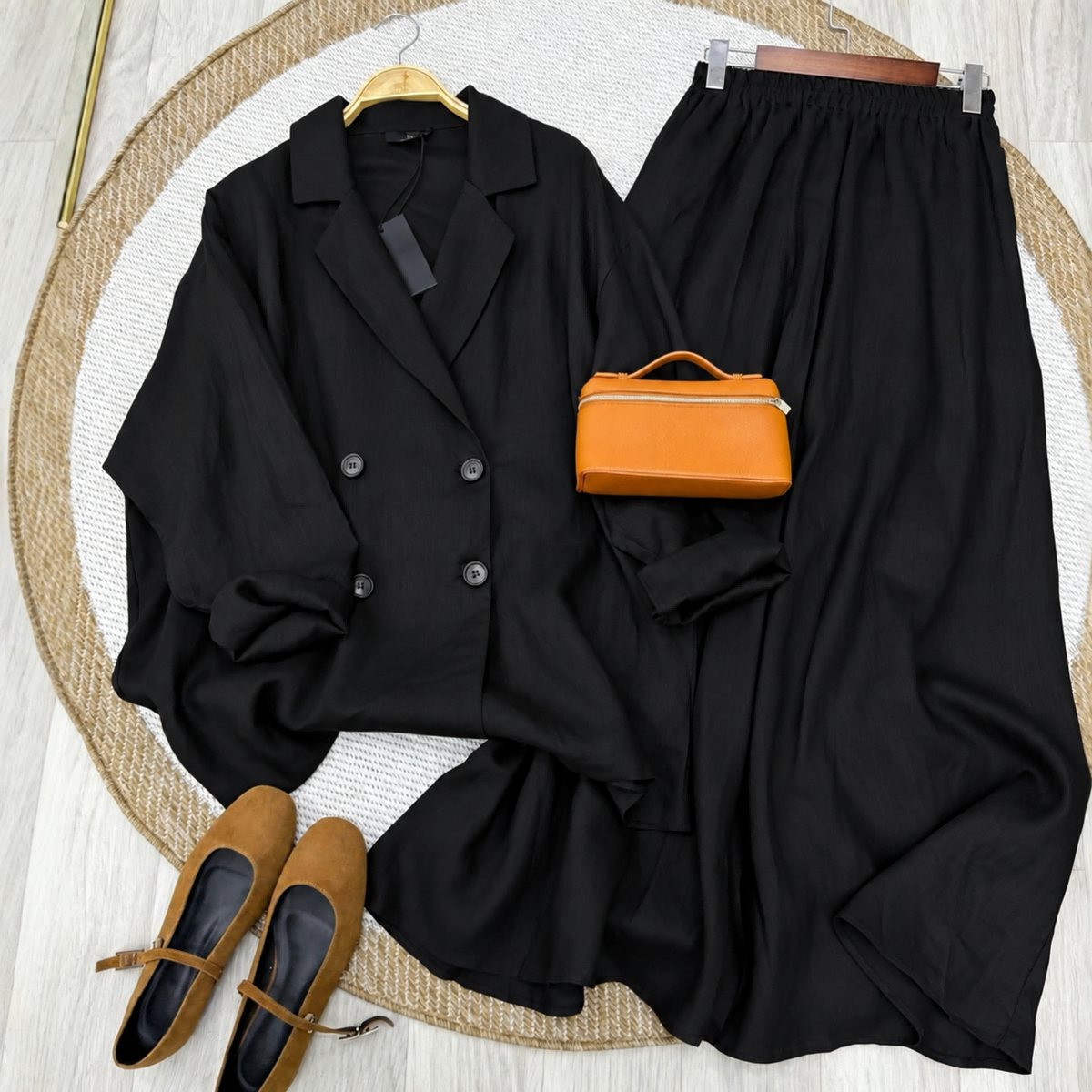 Linen-Look Shirt & Maxi Skirt Set(MS558)