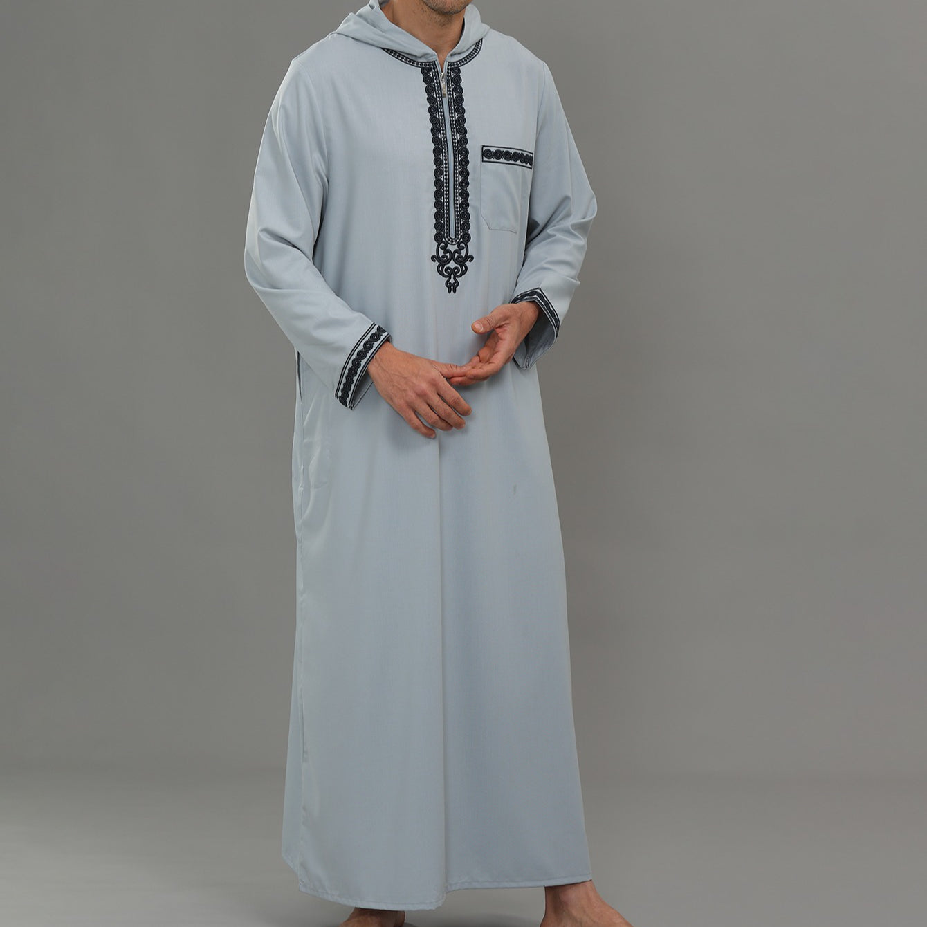 Men's Hooded Embroidered Thobe with Pockets(MT037)