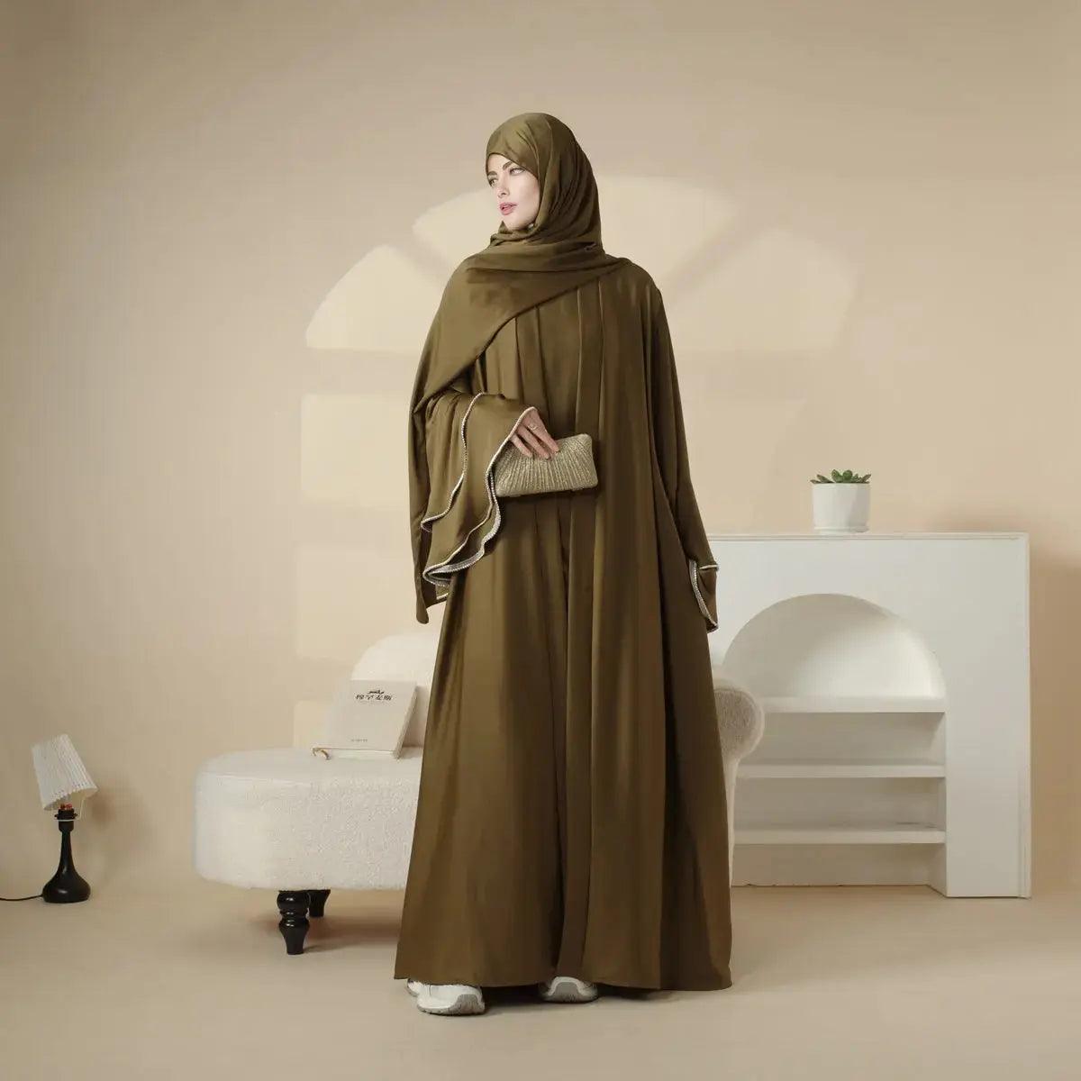 MOA033 Crepe Satin Ruffle Sleeve Abaya Set 5-piece Mariam's Collection