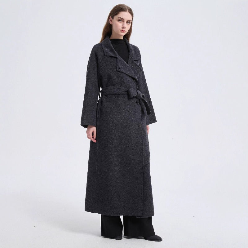 Long Wool Blend Trench Coat Abaya | Double-Breasted Belted Overcoat(MS188)