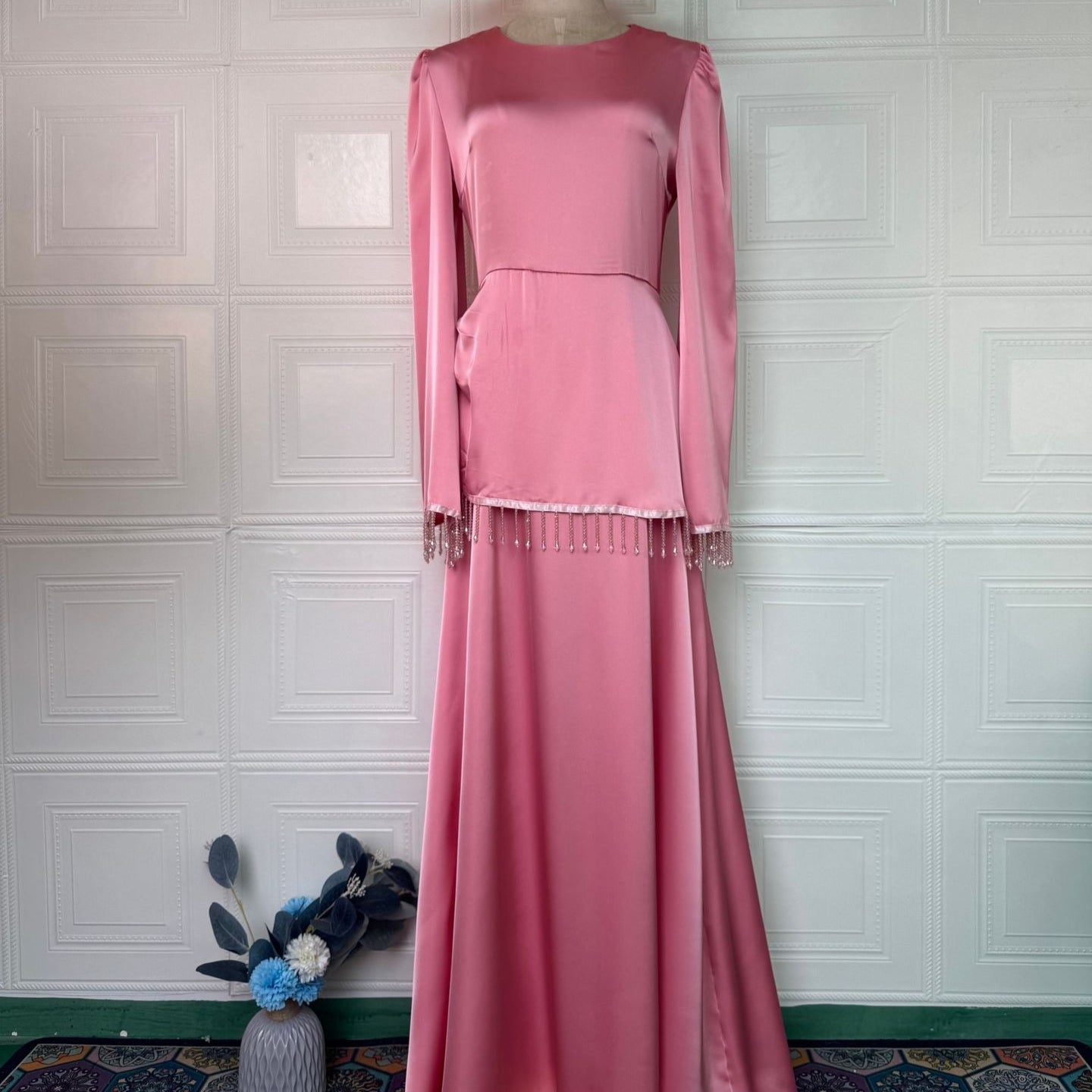 Beaded Fringe Cuff Maxi Dress(MS480)