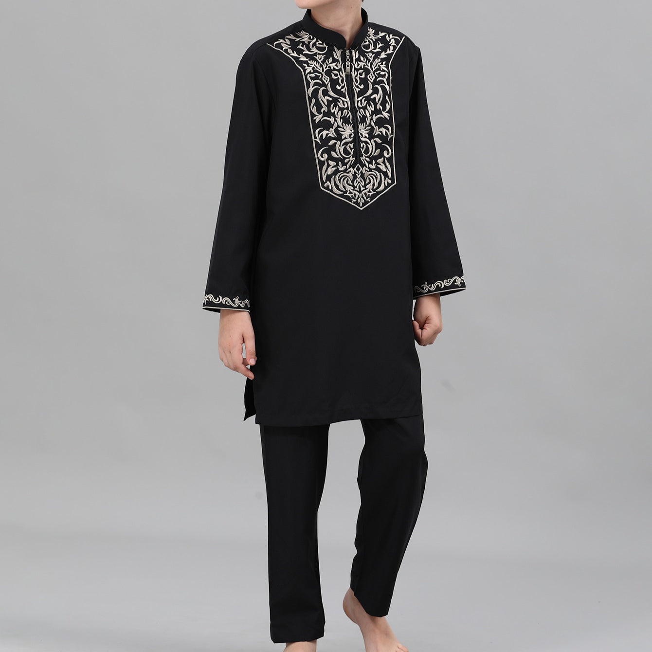 Boys Black Embroidered Tunic & Pants Set(MKB021)