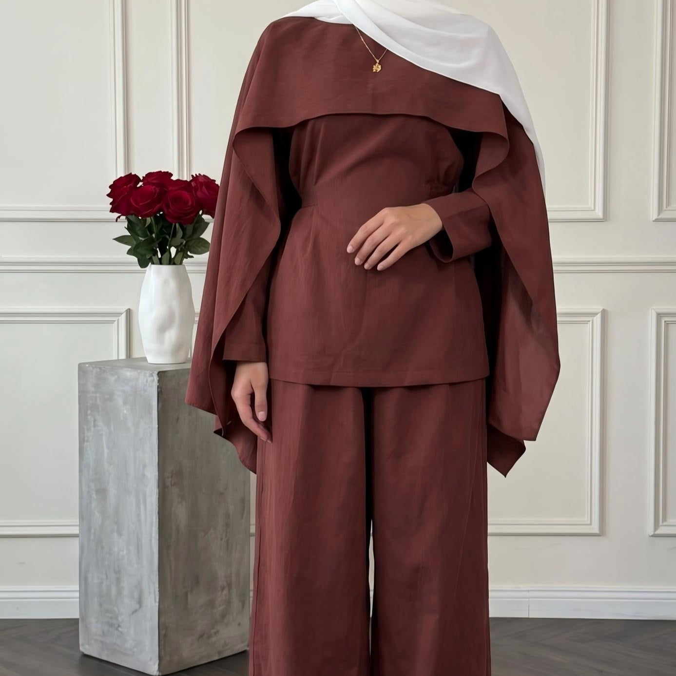 Detachable Shawl Long-Sleeve Top & Wide-Leg Trousers Three-Piece Co-ord Set(MS487)