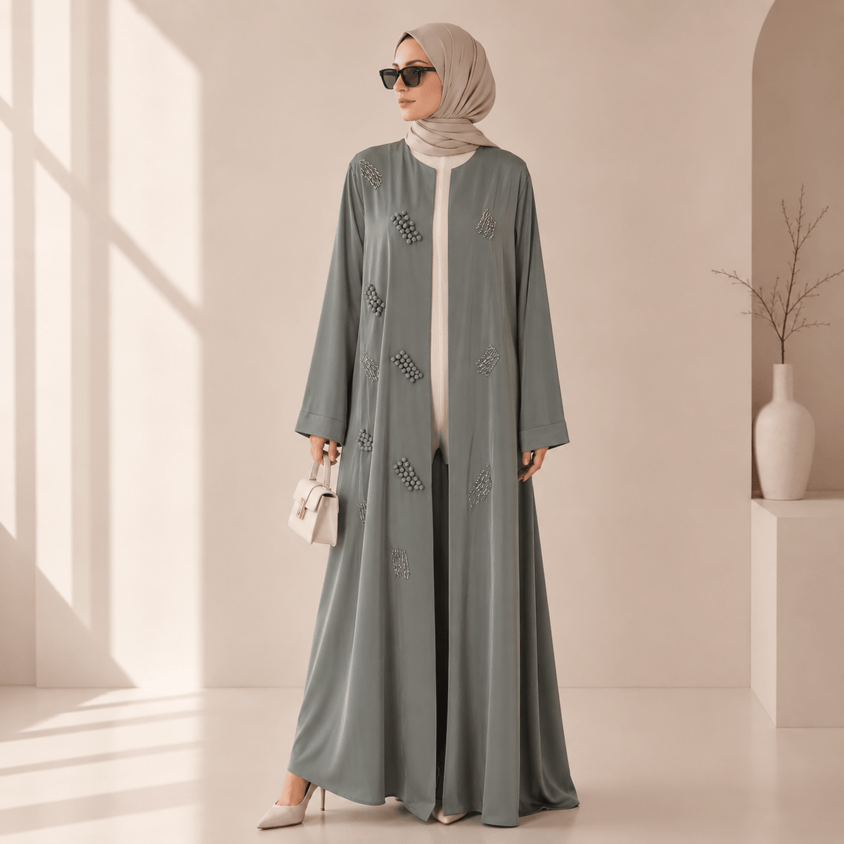 3D Beaded Open Abaya | Embellished Longline Cardigan Robe - MP076 - Mariam's Collection