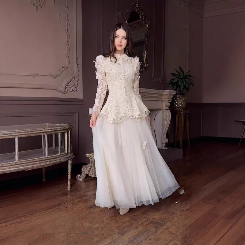 3D Butterfly Lace & Tulle Gown Set(MS223), White / XL