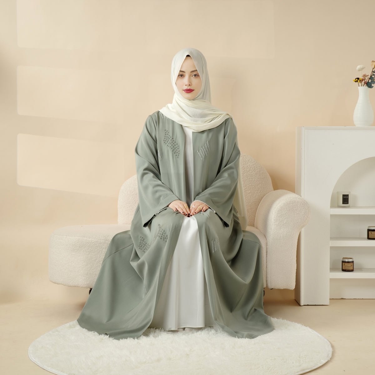 3D Embroidery Abaya With Geometric Beads. 3D Embroidered Open Abaya (MOA085) - Mariam's Collection