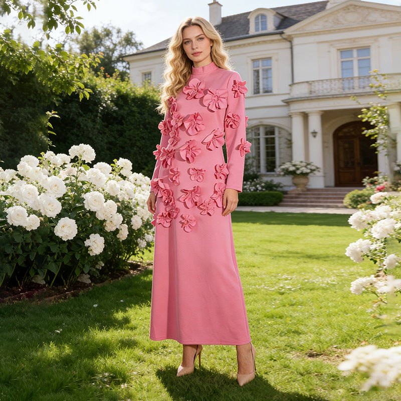 3D Floral Appliqu Maxi Dress  Luxury Floral Gown Pink / M