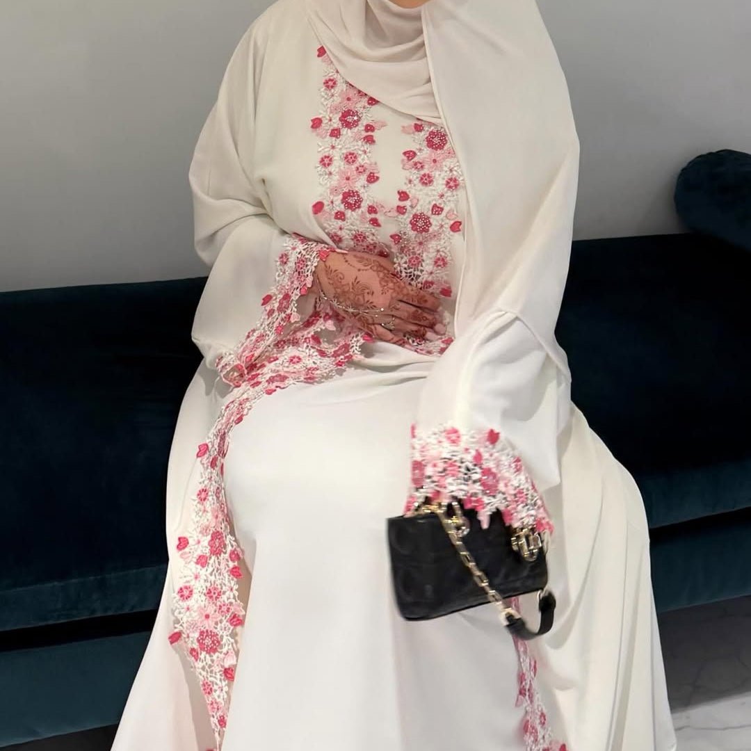 3D Floral Embroidered Nida Open Abaya Set | Inner Dress & Hijab(MOA356) - Mariam's Collection