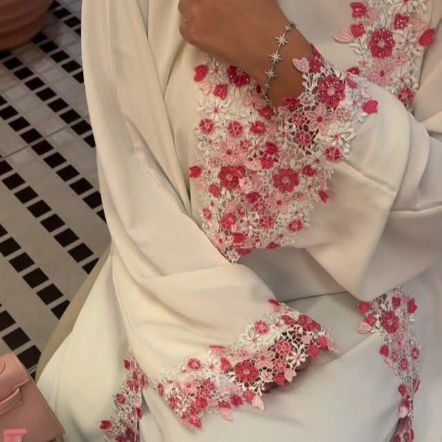 3D Floral Embroidered Nida Open Abaya Set | Inner Dress & Hijab(MOA356) - Mariam's Collection