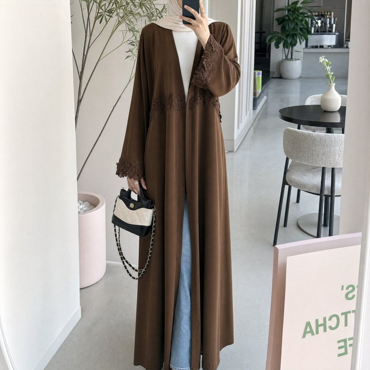 3D Floral Lace Trim Open Abaya(MOA336) - Mariam's Collection