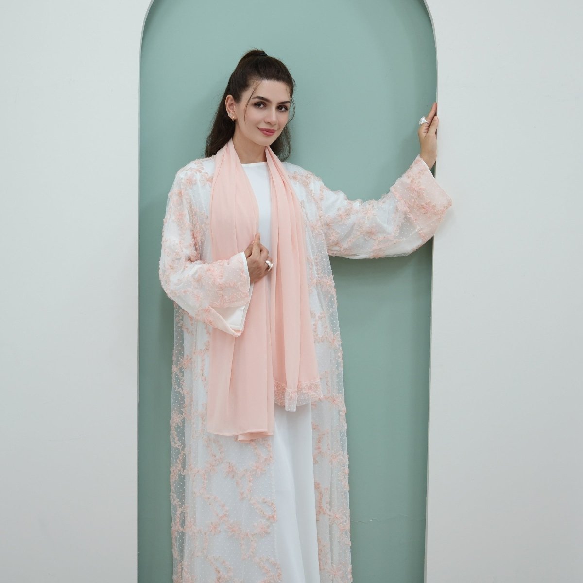 3D Floral Mesh Open Abaya(MOA288) - Mariam's Collection